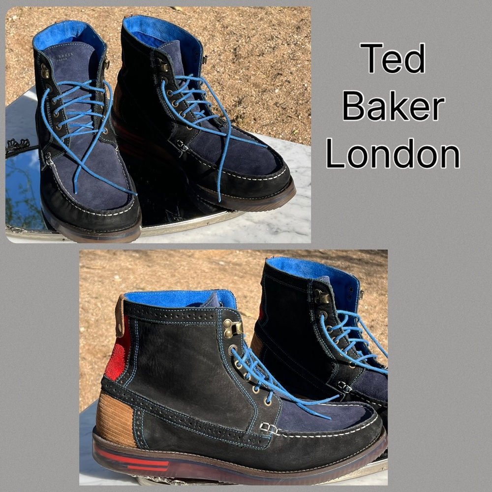 Ted Baker London, Phynn, Suede Boot, Men’s 12, Black Red Navy Tan